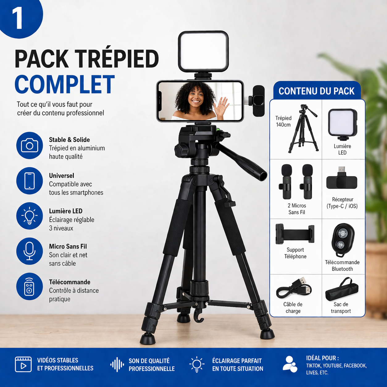 pack Trépied composé + Micros Sans Fil + Lumière LED