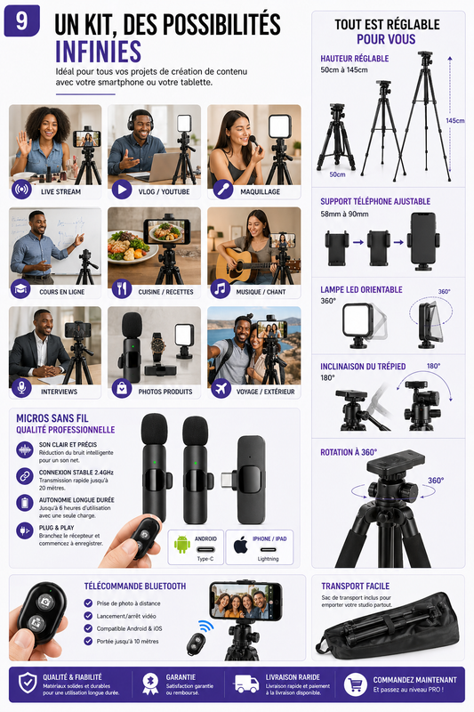 pack Trépied composé + Micros Sans Fil + Lumière LED