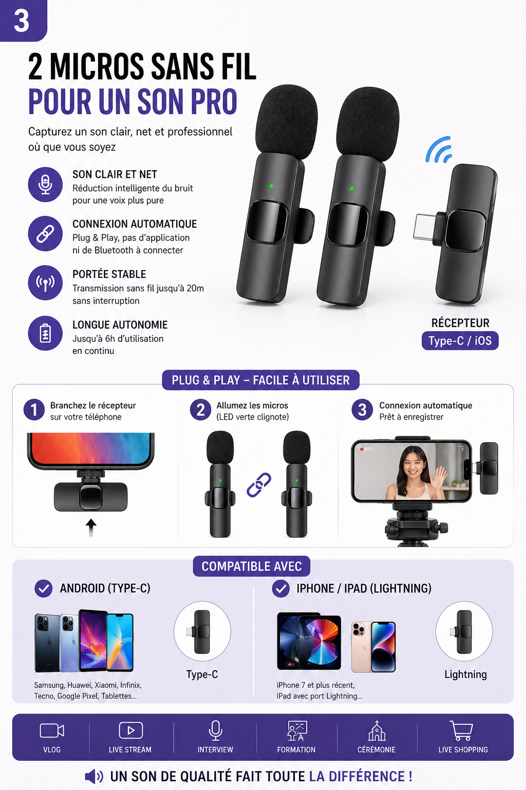 pack Trépied composé + Micros Sans Fil + Lumière LED