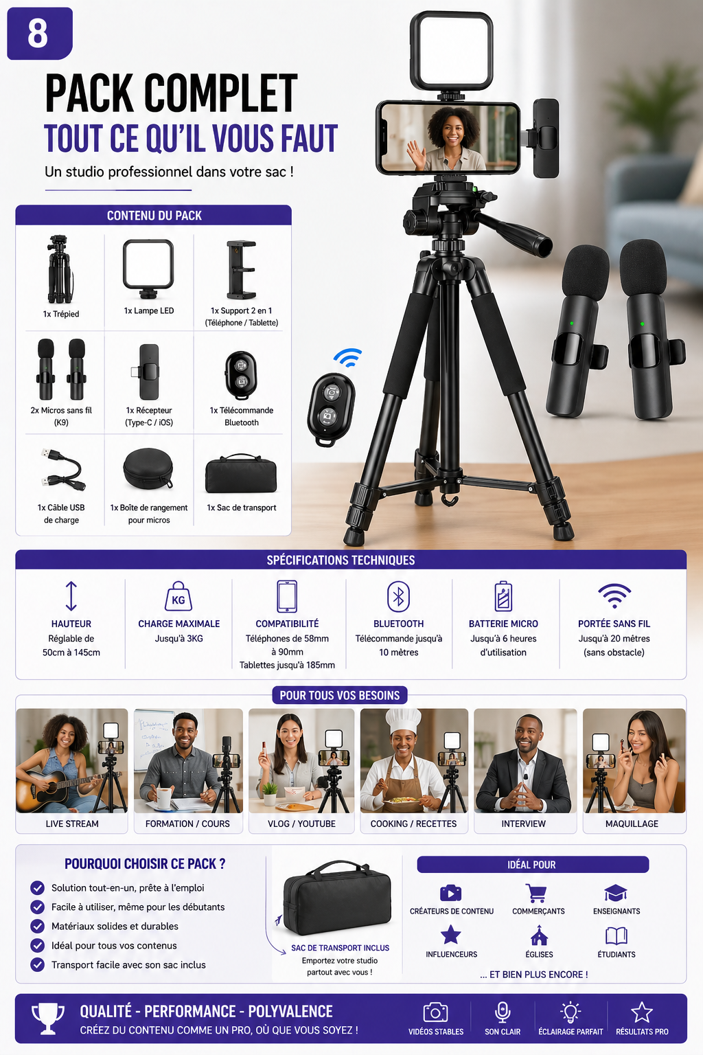pack Trépied composé + Micros Sans Fil + Lumière LED